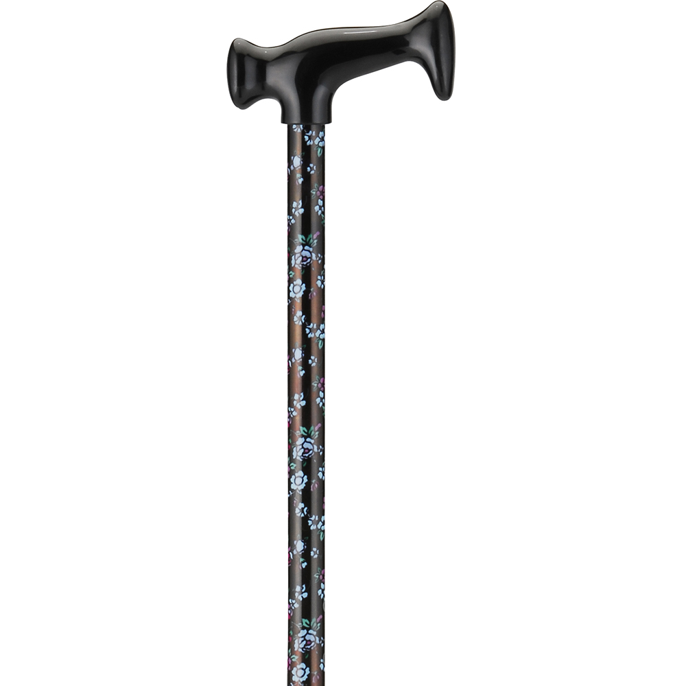 CANE T-GRIP BLACK WITH FLOWERS